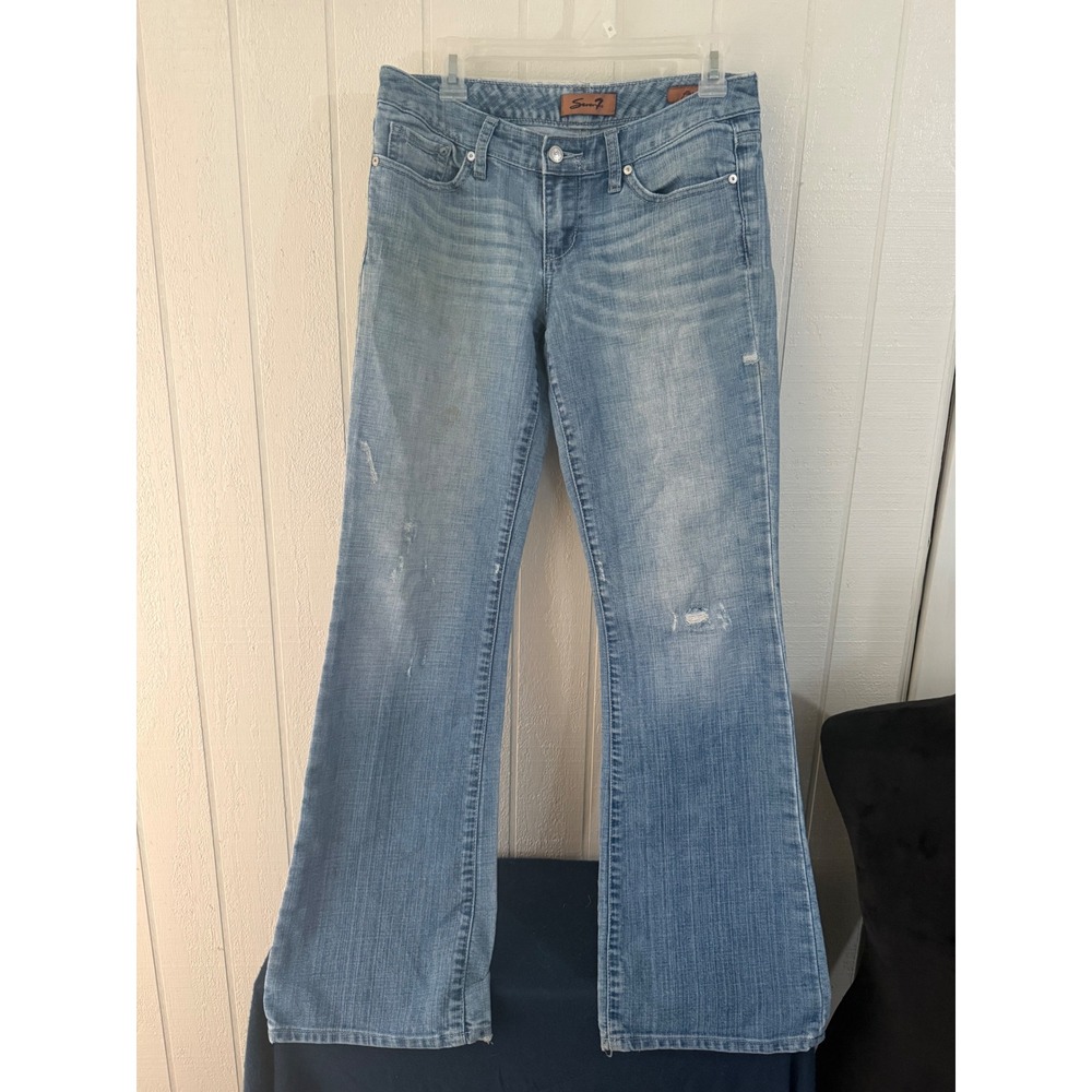 Seven7 Women Light Wash Flare Jeans Distressed Denim Size 28